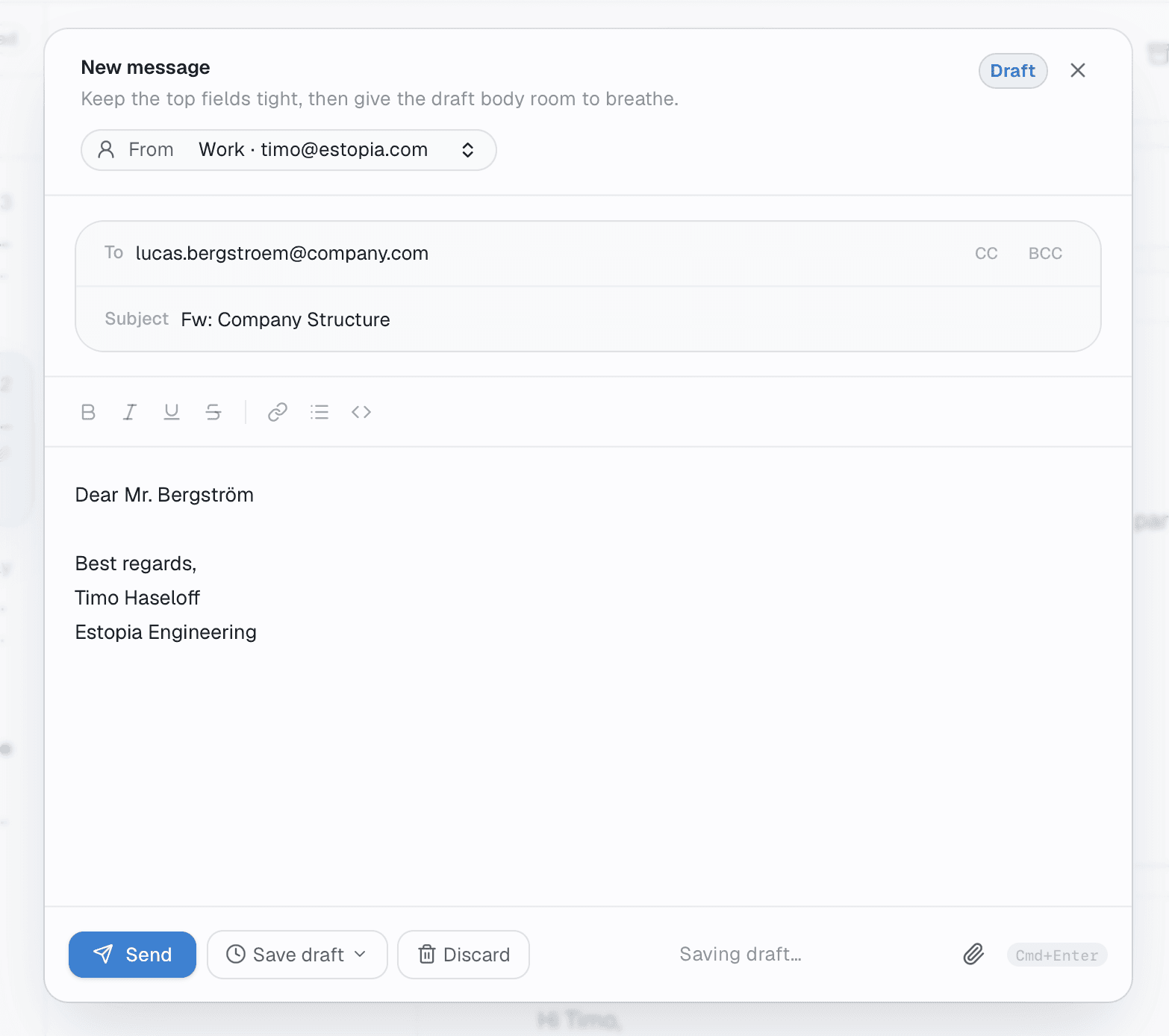 Relay compose window with sender selection, subject line, draft state, and message body.