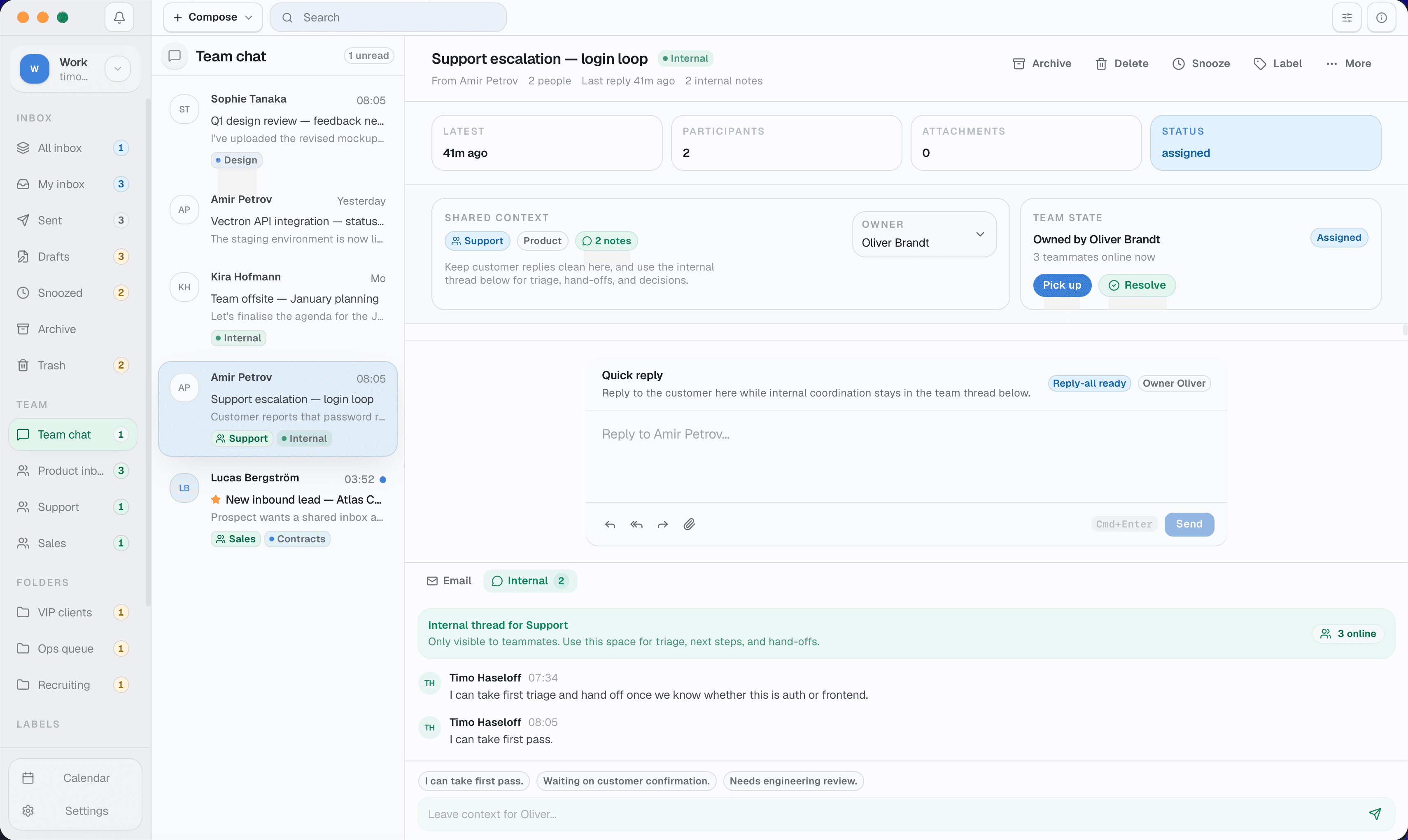 Relay workspace showing a dense shared inbox layout with message list, thread context, and reply surface visible together.