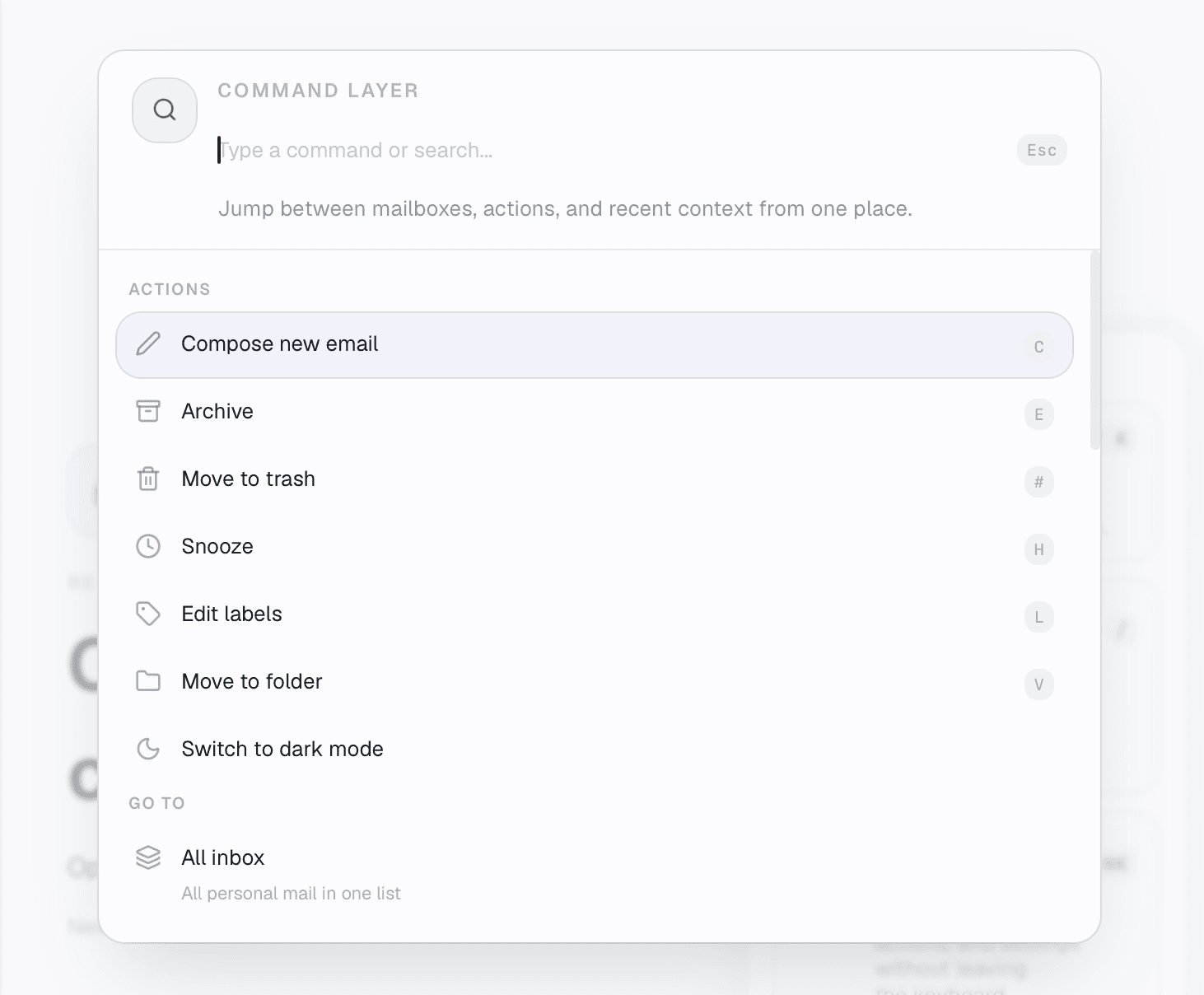 Relay command layer showing keyboard shortcuts for composing, archiving, snoozing, editing labels, and navigation.