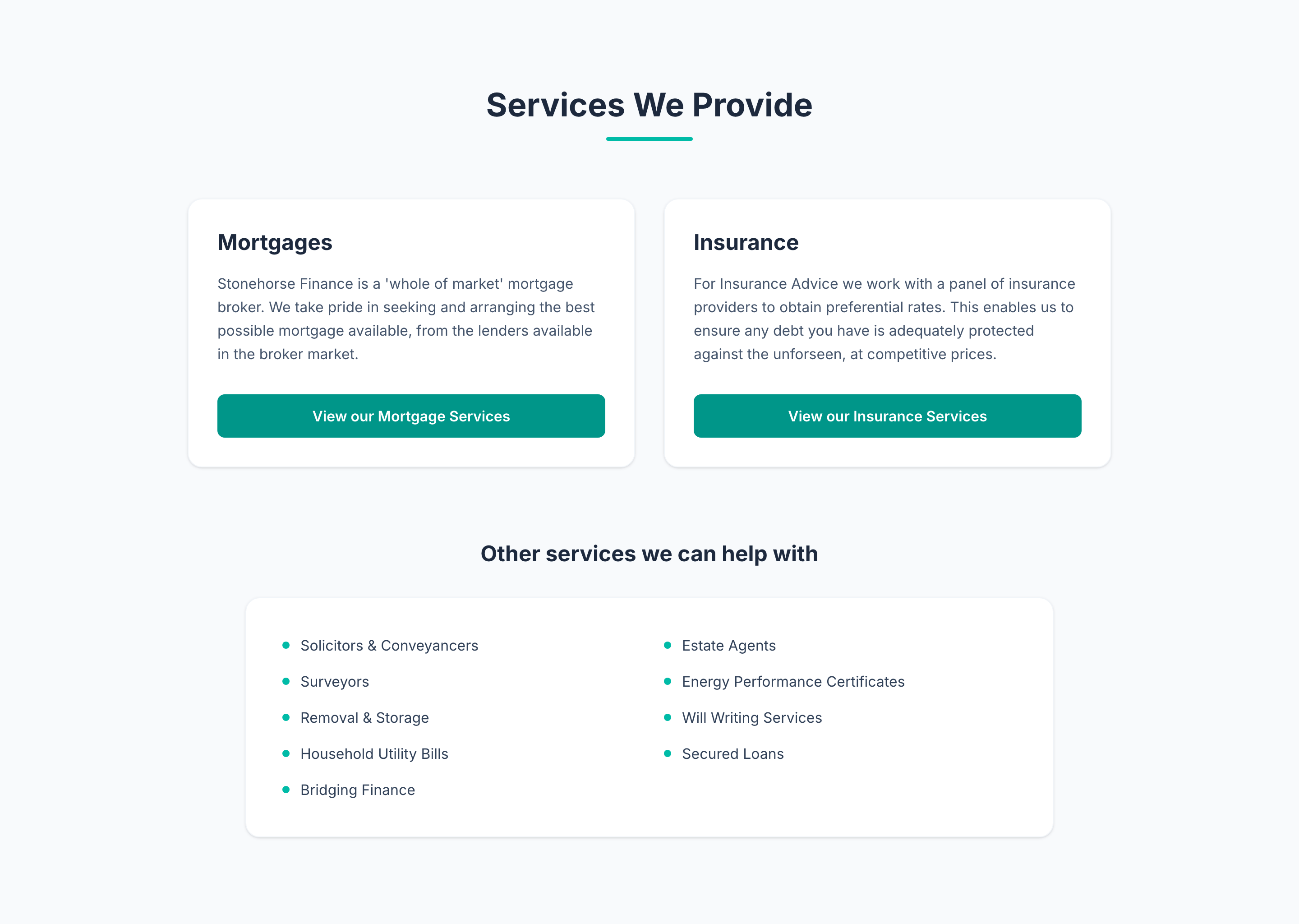 Stonehorse Finance services section with mortgages, insurance and related services.