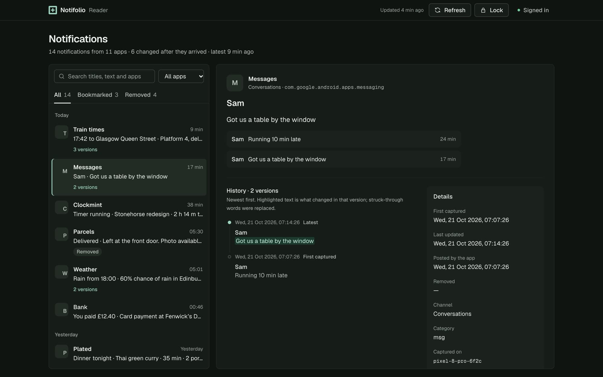 The Notifolio reader in dark mode, showing a message thread and its two versions